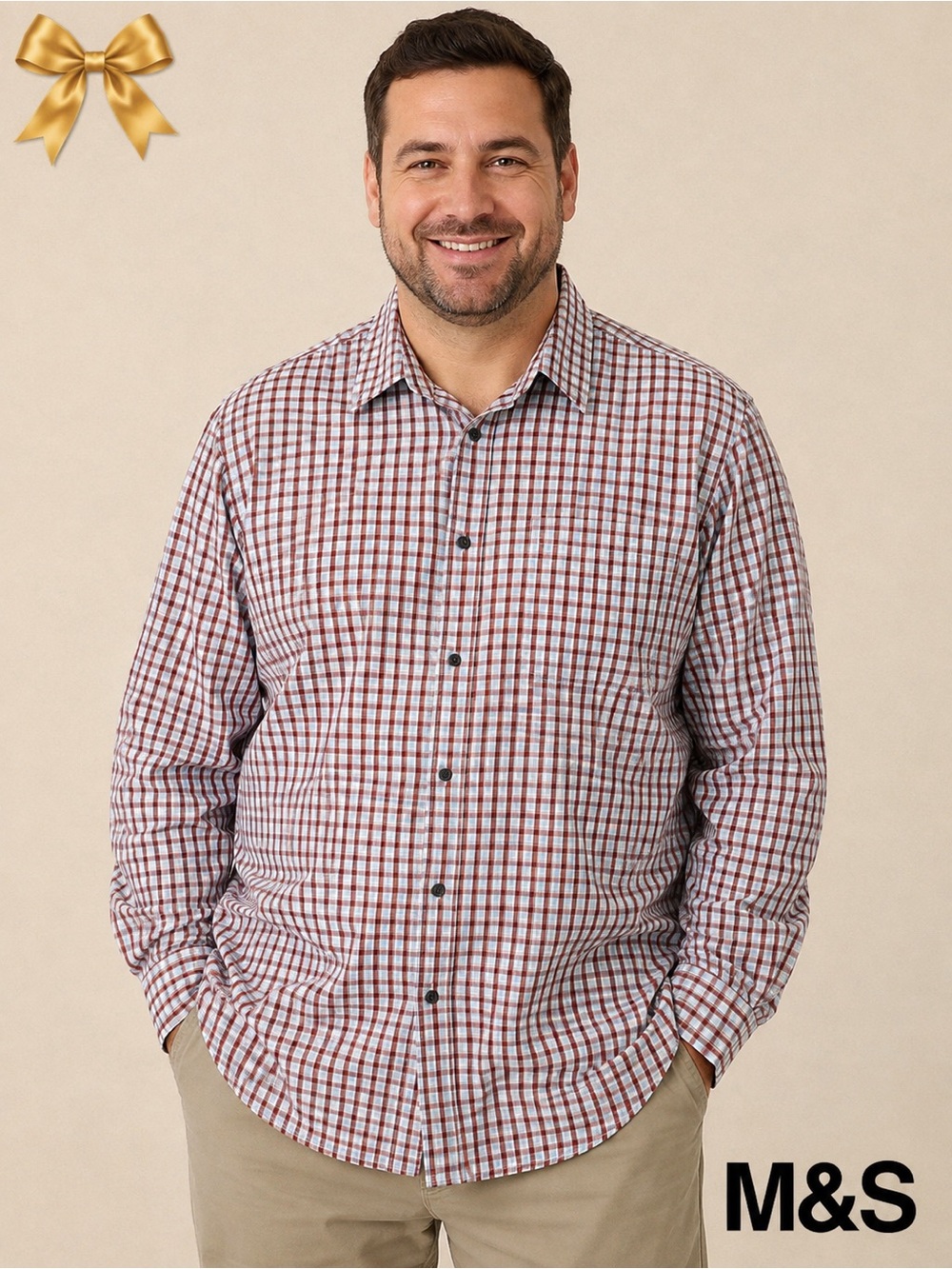 Marks and Spencer Peached Pure Cotton Plaid Button Front Shirt 3XL